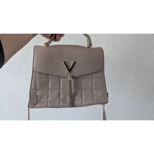 Crossi‎ Quilted Satchel Handbag Taupe V Logo Tassel Chain Strap